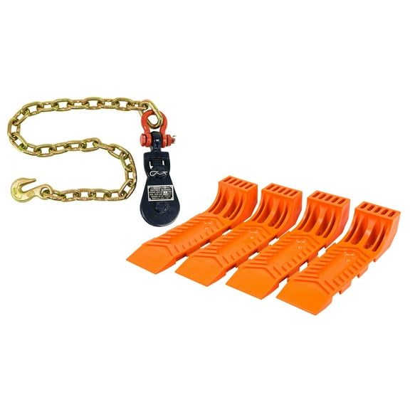 Tow Truck Kit - (1) 2 Ton 3" Snatch Block w/Chain & (4) Interlocking Tire Skates for Tow Truck Orange - Flatbed Tow Truck Rollback Wrecker Car Carrier Cable