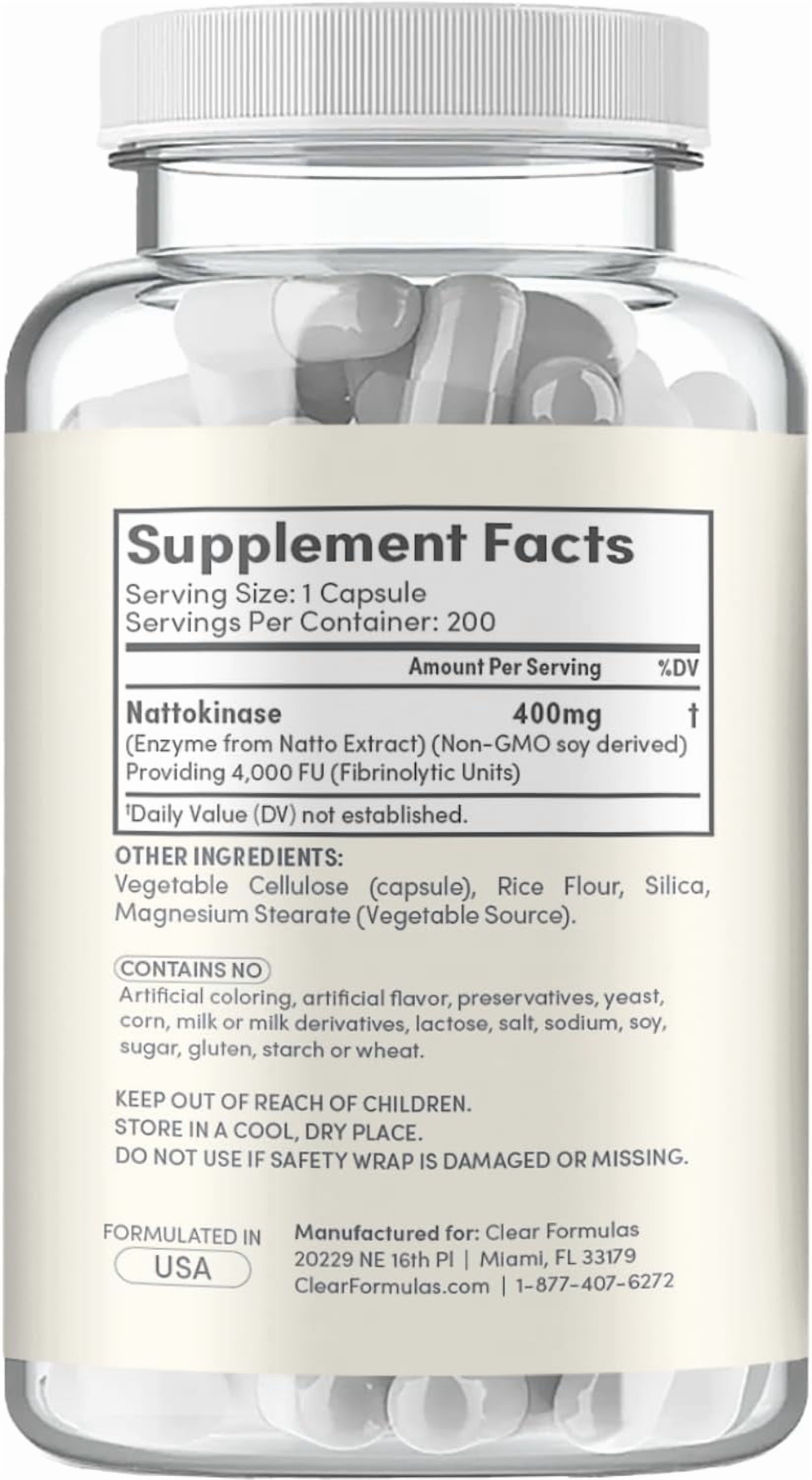 Clear Formulas Nattokinase 4000 FU Enzyme Supplement, Heart and Circulation Support, 200 Capsules