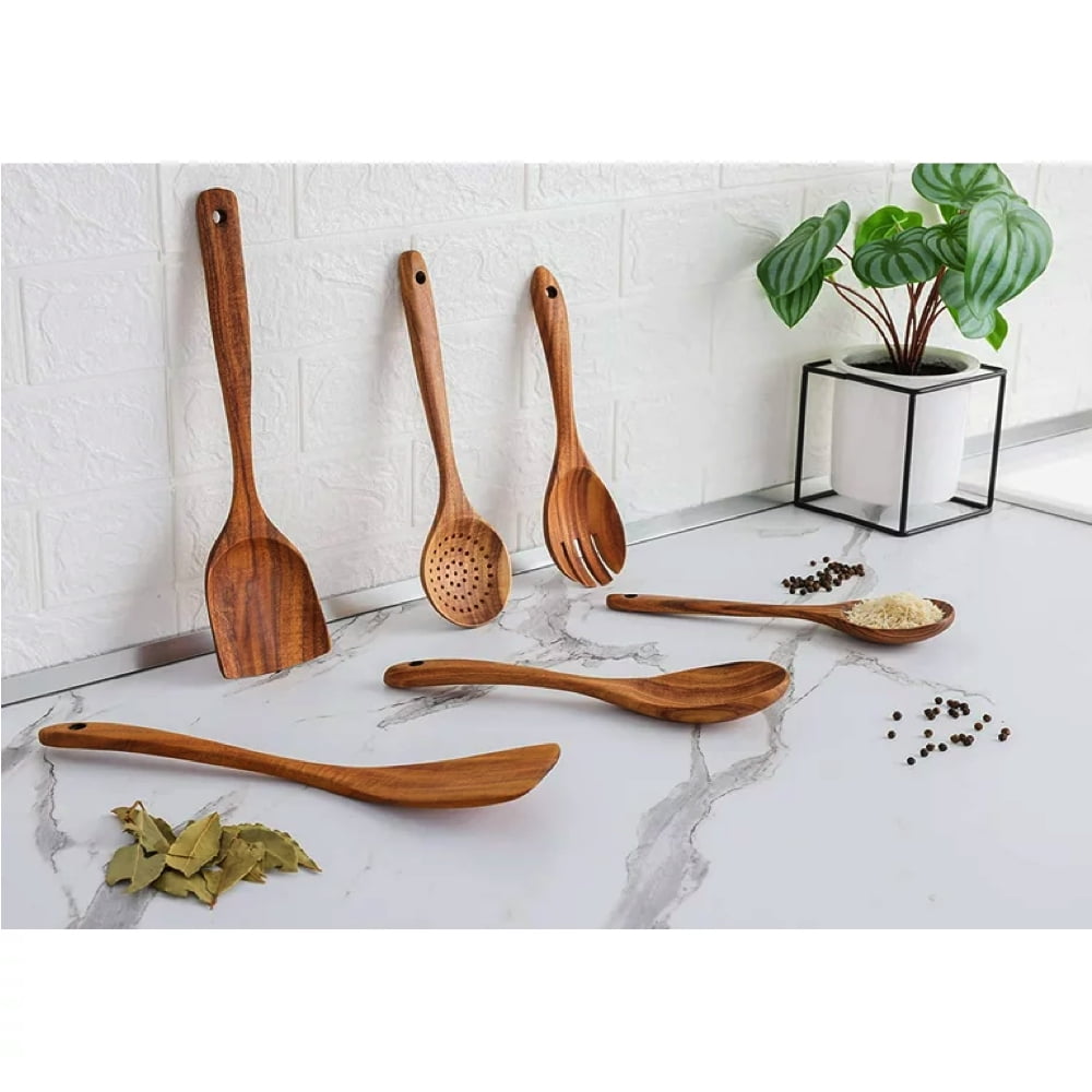 Handmade Wooden Cooking Utensils Set with Spoons Spatulas and Holder