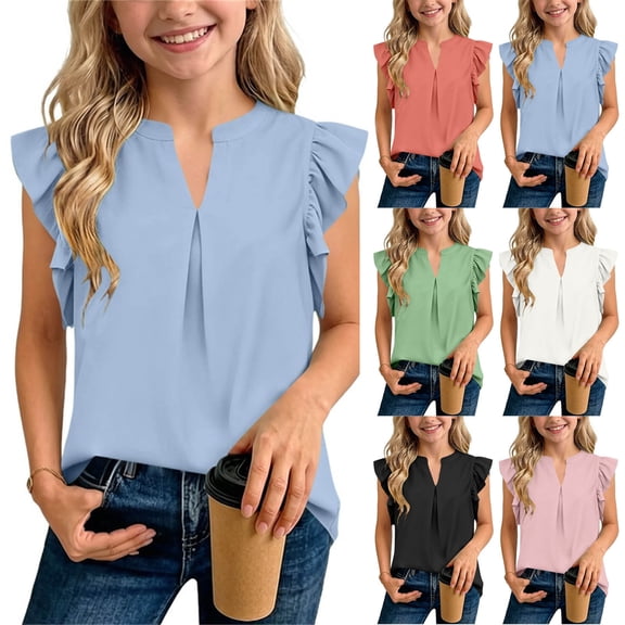 Fengqque Girls Blouse V-Neck Ruffled Cap Sleeves Pleated Front Relaxed Fit Flowy Casual Top 5-14 Years White 13-14Years