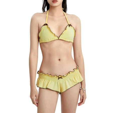 Shunvnny Women 2 Pieces Swimsuit Outfits Patchwork Sleeveless Padded Bra and Frills Thong Bottoms Bikini Beach Bathing Suits Set