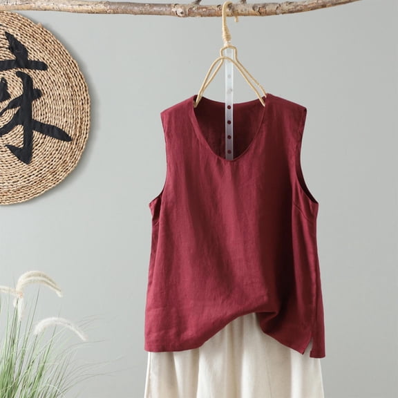 Junur Cotton Linen Tank Tops for Women Summer 2026 Casual Sleeveless Gauze Shirts Spring Loose Fit Camisole Crew Neck