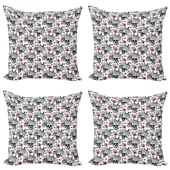 Ambesonne Vintage Throw Pillow Cover 4 Pack, Skulls and Flowers, 24", Multicolor