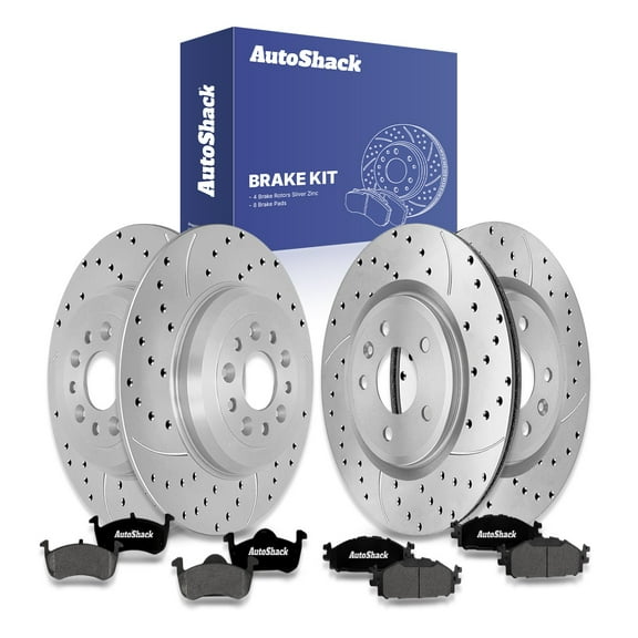 AutoShack Front Vented & Rear Solid Drilled & Slotted Silver Zinc Coated Brake Rotors   Premium Ceramic Pads 12-PC Brake Kit Replacement for 2015-2016 Lincoln MKT SilverShield Pro