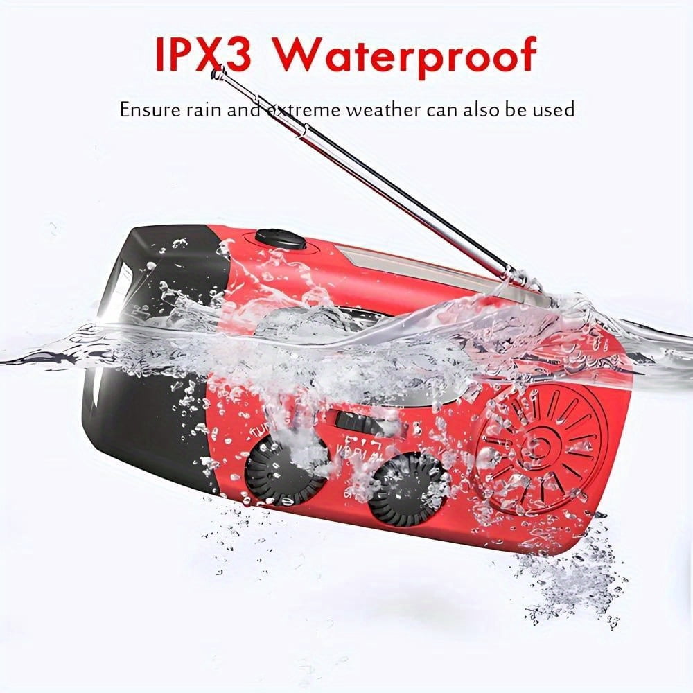 This versatile portable radio features a 2000mAh battery, is powered by a hand crank and solar power, supports USB charging, features FM, AM, WB, NOAA weather radio, and comes with an emergency LED fl