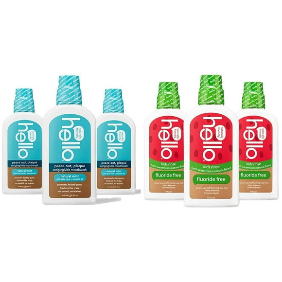 Hello Peace Out Plaque, Antigingivitis Alcohol Free Mouthwash, Natural Mint with Aloe Vera & Natural Watermelon Flavor Kids Fluoride Free Rinse, Alcohol Free, Vegan, SLS Free