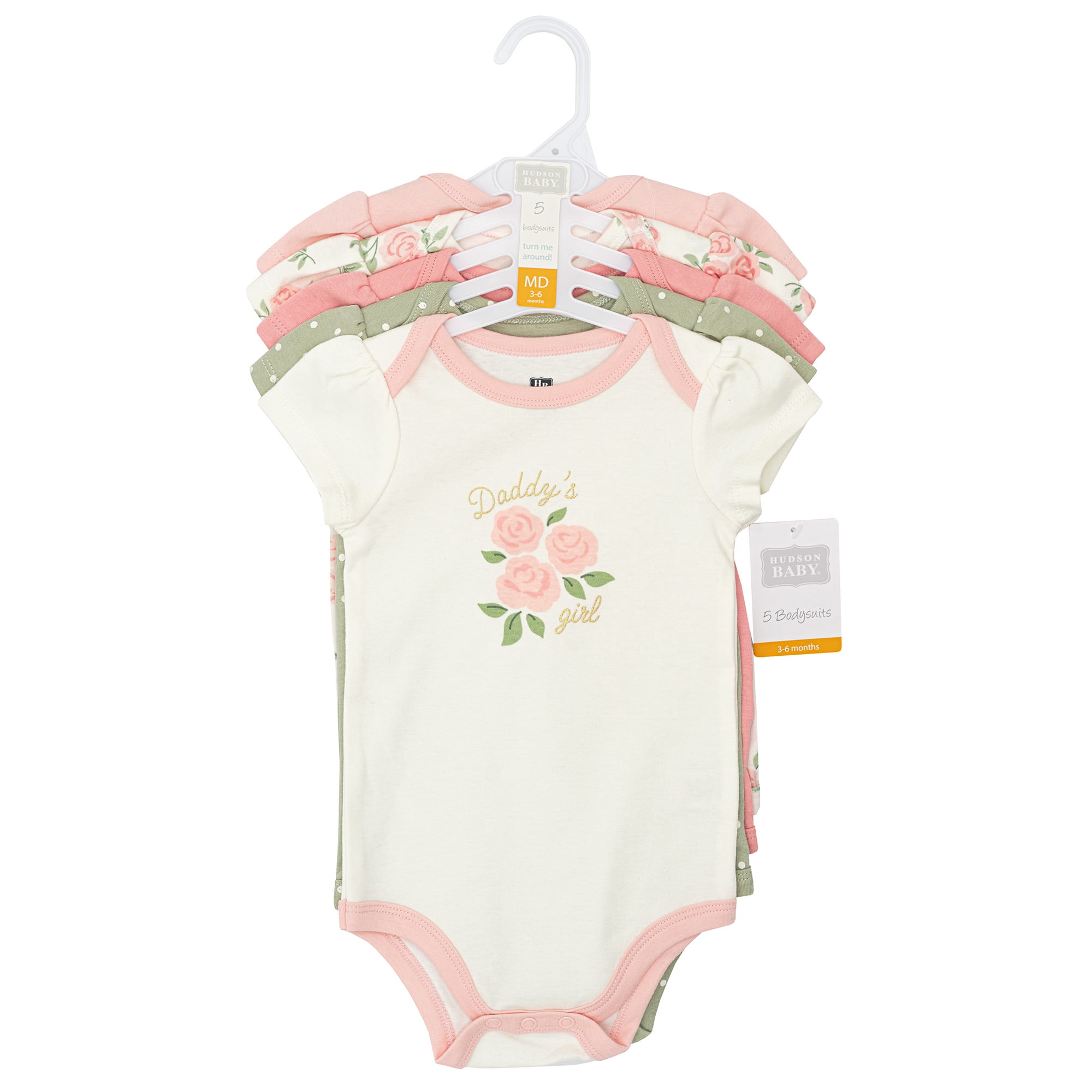 Hudson Baby Infant Girls Cotton Bodysuits 5-Pack, Soft Pink Sage Rose, 0-3 Months