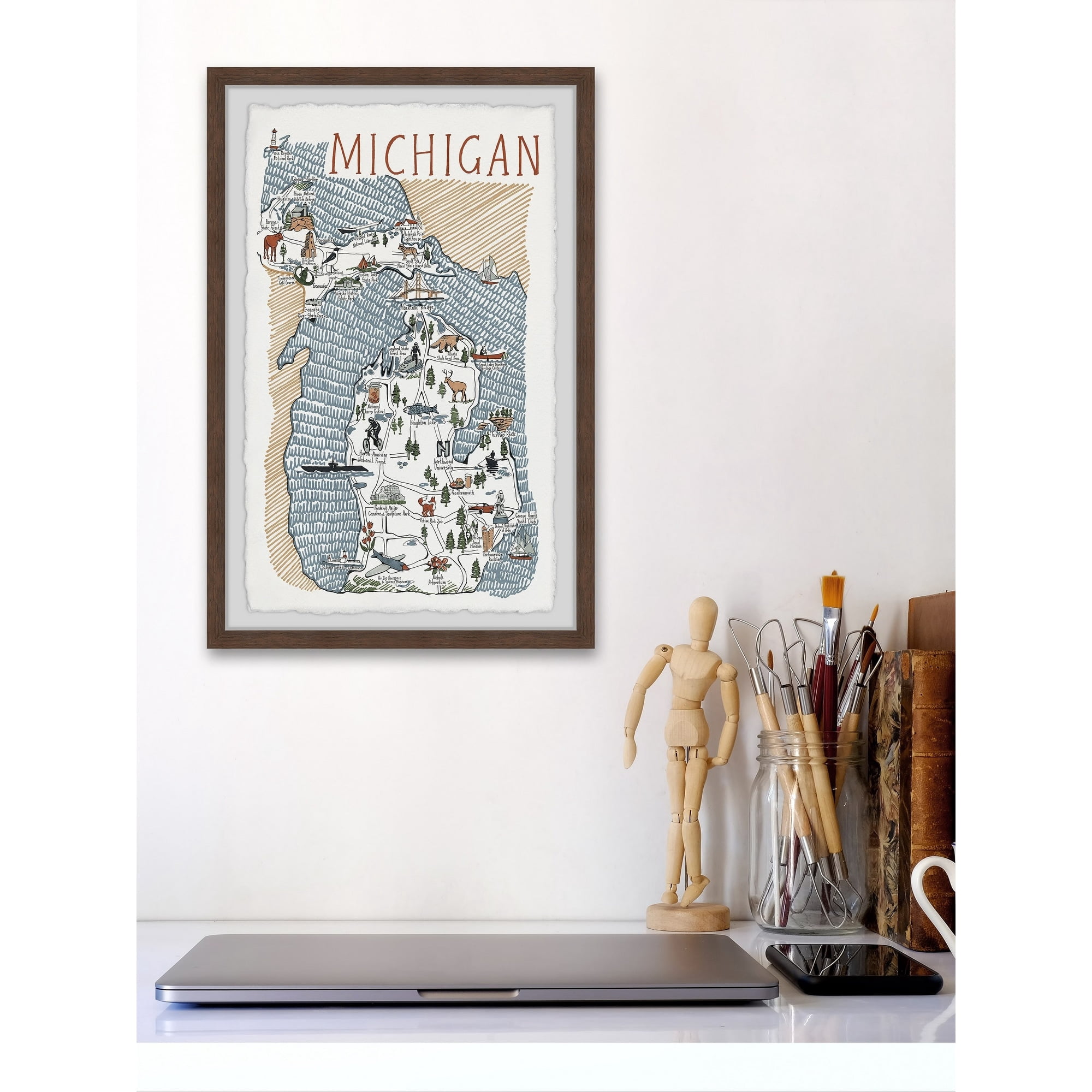 Marmont Hill Michigan Illustrated Map Framed Wall Art