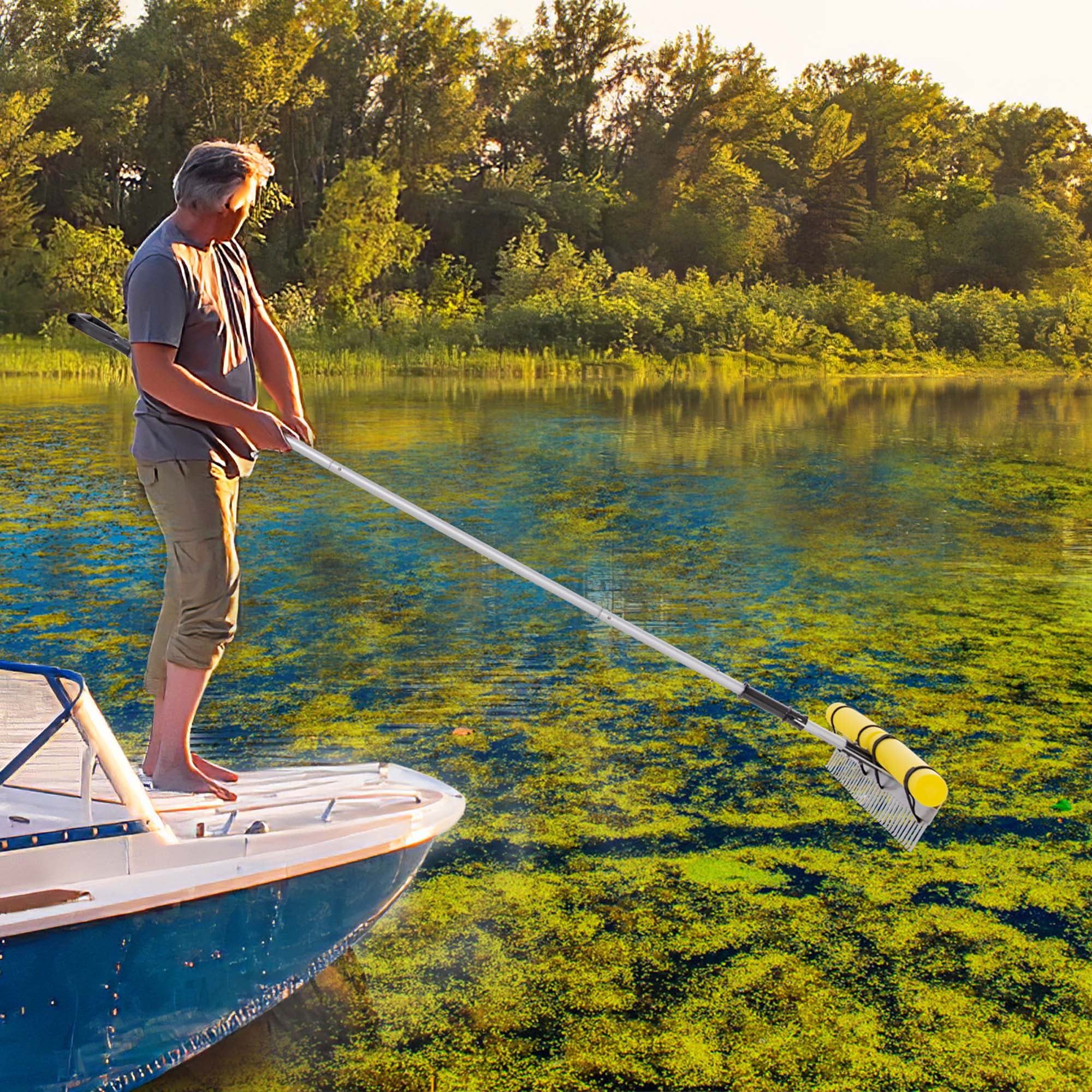 Costway Floating Weed Lake Rake Pond Weed Cutter with Foam Floats, Extended Handle & Rope
