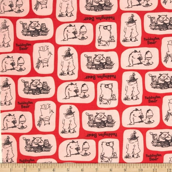 Paddington Bear Tiles in Red 100% Cotton Fabric Sold by the Yard