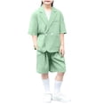thumbnail image 2 of CYRBOKO Boys Outfit Sets, Lapel Short Sleeve Two-piece Elastic Waist Suits Sets Green Size 11-12 T, 2 of 6