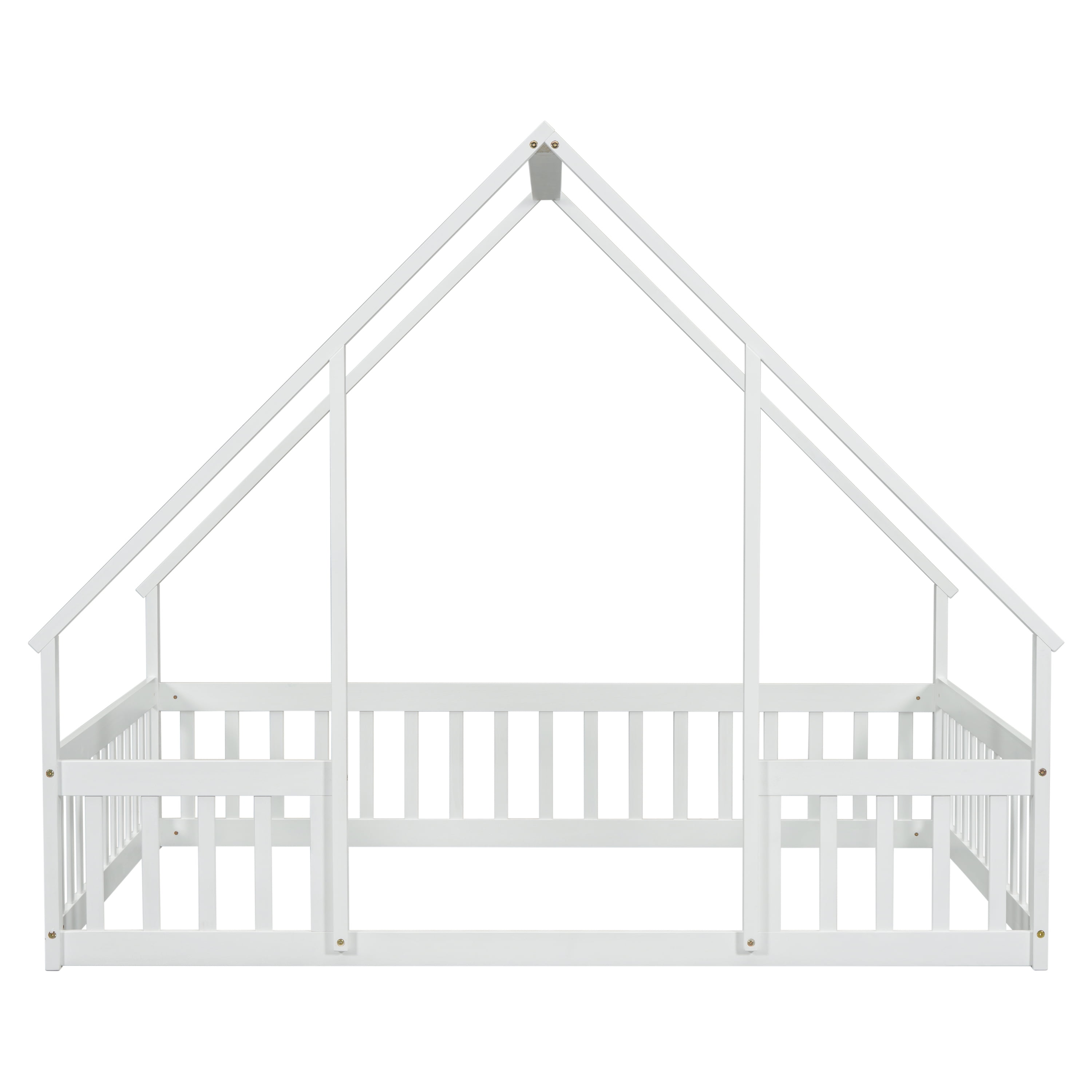 Bellemave Full Size Floor Bed Frame, Wooden House Bed Full Size with Fence, Montessori Bed with Guardrails for Bedroom(White)