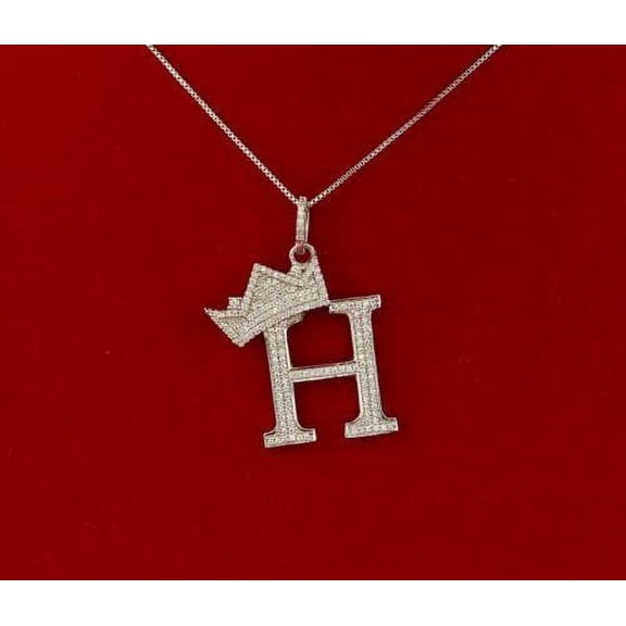King of Bling's White 925 Sterling Silver Alphabet 'H' Crown Pendant 1.56ct Cubic Zirconia Stone