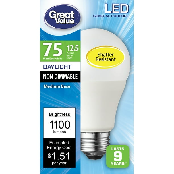 Great Value LED Light Bulb, 12.5 Watts (75W Equivalent) A19 General