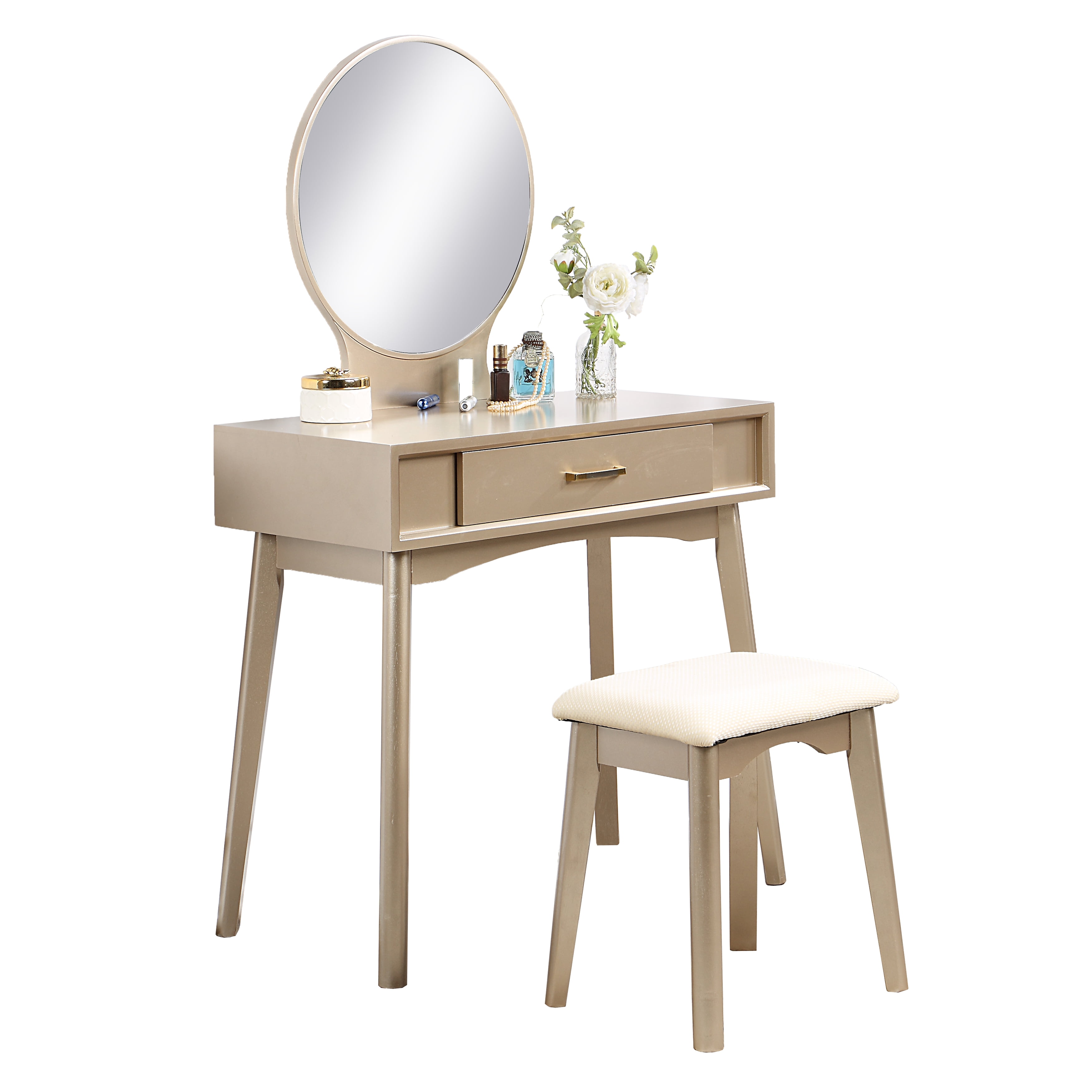 Mintazer Modern Vanity Table Set, Round Mirror Makeup Dressing Table with Drawers & Upholstered Stool for Bedroom, Gold