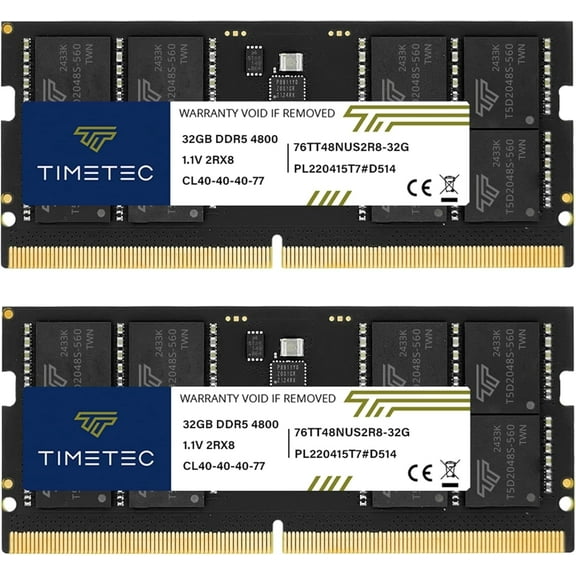 Timetec 64GB Kit (2x32GB) DDR5 Laptop RAM Memory, 4800MHz PC5-38400, SODIMM 262-Pin, Unbuffered Non-ECC, 1.1V CL40, Dual Rank 2Rx8