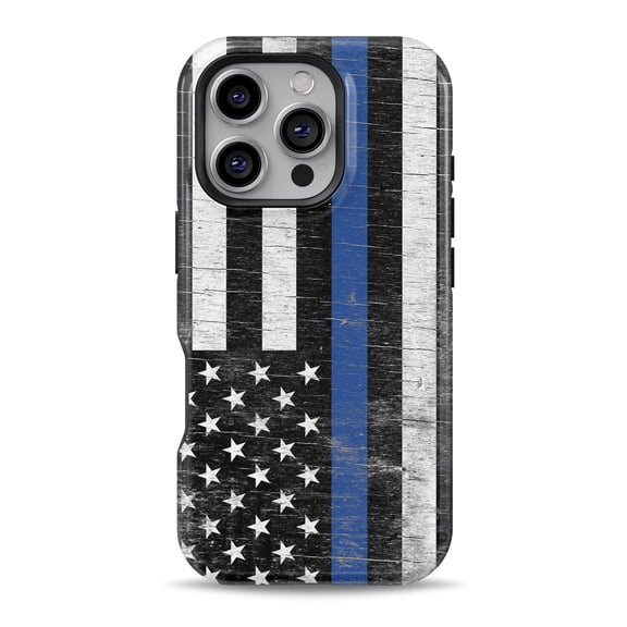 DesignSkinz Scratch-Resistant Hard Slim Case Compatible with iPhone 16 (Compatible with MagSafe) - Distressed Wood Patriotic American Flag with Thin Blue Line
