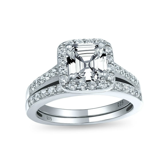 Bling Jewelry Womens 2CT Square Solitaire Asscher Cut CZ Halo Band Ring Set