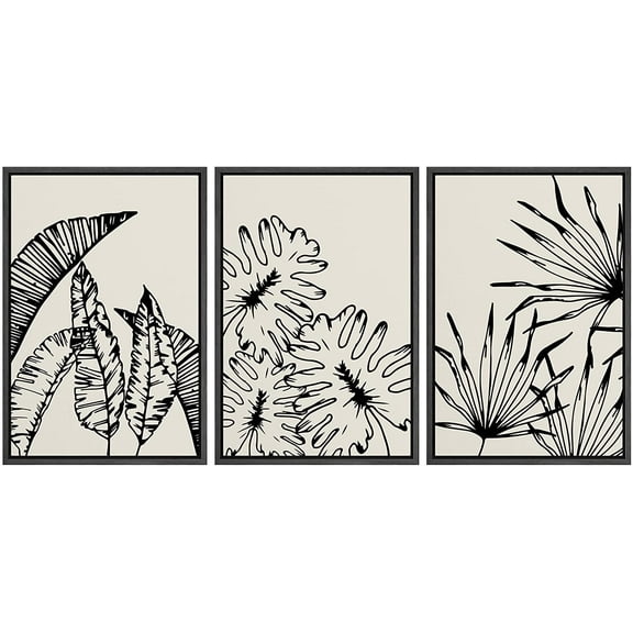 PixonSign Framed Canvas Print Wall Art Set Duotone Jungle Palm Plant Banana Leaf Collage Abstract Shapes Illustrations Modern Art Boho Decorative for Living Room, Bedroom, Office - 24"x36"x3 BLACK
