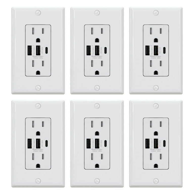ELEGRP 4 Amp USB Dual Type A In-Wall Charger with 20 Amp Duplex Tamper Resistant Outlet, Wall Plate Included, White (2-Pack)