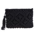 thumbnail image 1 of 1PC Cotton Woven Handbag Hollow Clutch Bag with Tassel for Summer Beach Women Black, 1 of 3