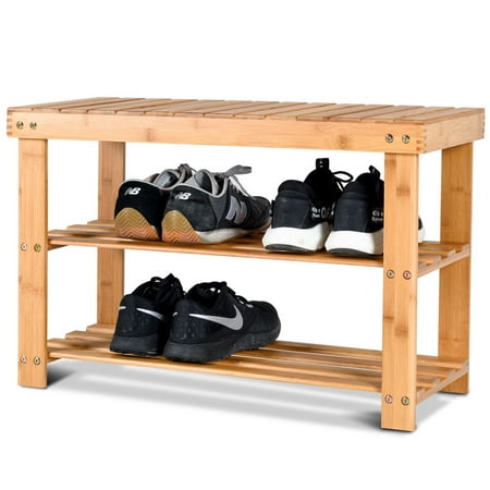 Costway 2 Tire Bamboo Shoe Bench Storage Racks Seat Organizer