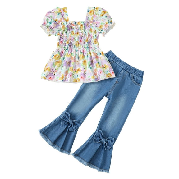 Kucnuzki 4T Toddler Girls Sprint Outfits 5T Toddler Girls Clothes Sets Puff Short Sleeves Pullover Top Floral T-shirt Bowknots Flared Denim Pants Sets 2PCS Purple
