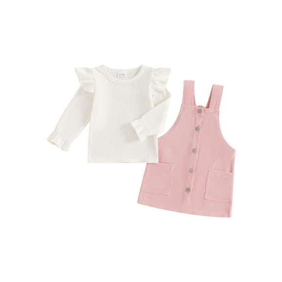 Suealasg Little Girls 2Pcs Corduroy Overall Dress Outfit 1T 2T 3T 4T 5T Toddler Girls Long Sleeve Crew Neck T-shirt  Corduroy Overall Dress Child Girls Fall Clothes