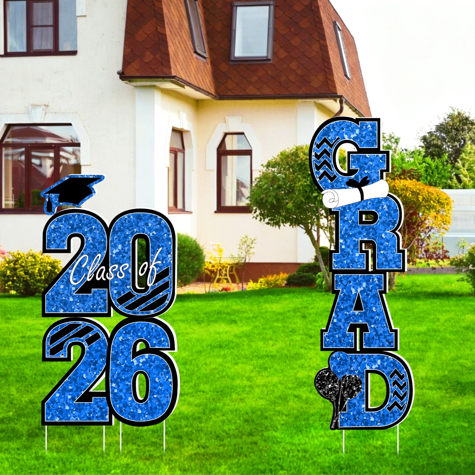 Extra Large 2026 Graduation Yard Sign Blue and Black Graduation Decorations Class of 2026 Waterproof Congrats Grad Garden Lawn Decor with Stakes for College School Grad Ceremony Party