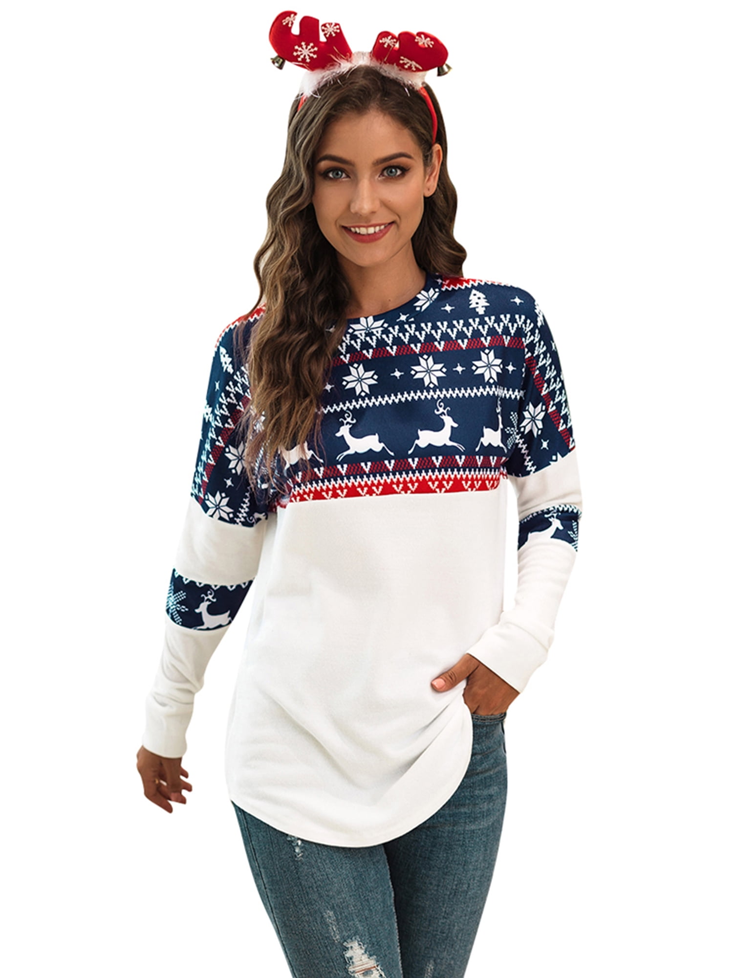 Women Ugly Christmas Tree Reindeer Sweater Pullover Casual Long Sleeve Loose Fit Shirts Sweaters Tops