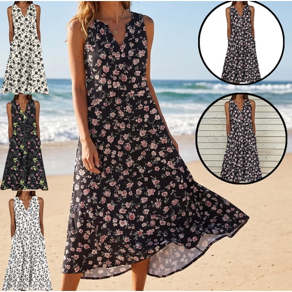 Gamivast Dresses for Women Sleeveless V Neck High Waisted A-Line Midi Dress Ditsy Floral Print with Pockets Flowy Casual Vacation Summer Dresses Spring Dresses