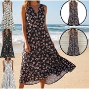 Gamivast Dresses for Women Sleeveless V Neck High Waisted A-Line Midi Dress Ditsy Floral Print with Pockets Flowy Casual Vacation Summer Dresses Spring Dresses