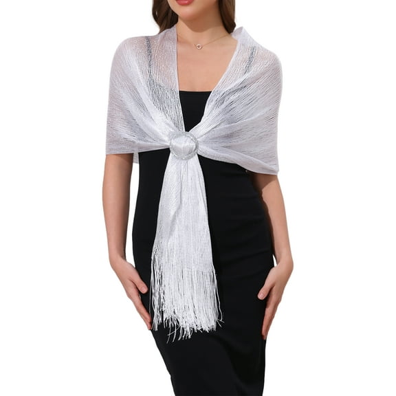 INSPIRE CHIC Women Shawls and Wraps for Evening Dresses, Bling Sparkly Shiny Shimmer Dressy with Buckle 74.8x17.7"(LxW) White(Silver)