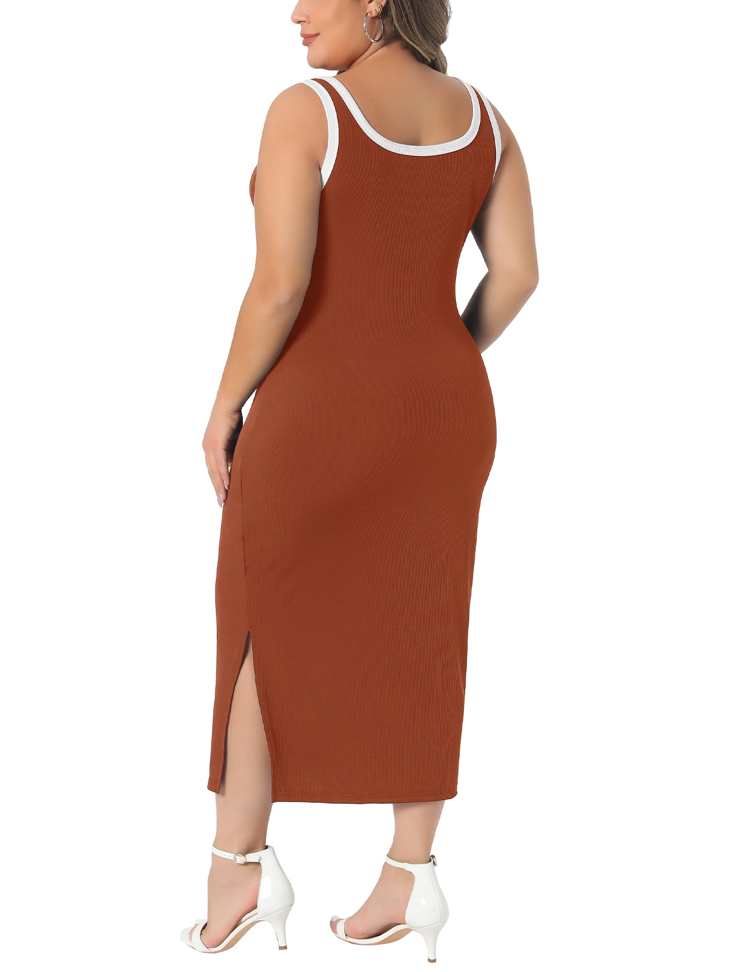 DARING DIVA Women's Plus Square Neck Sleeveless Bodycon Dress with Side Slit 2X Orange