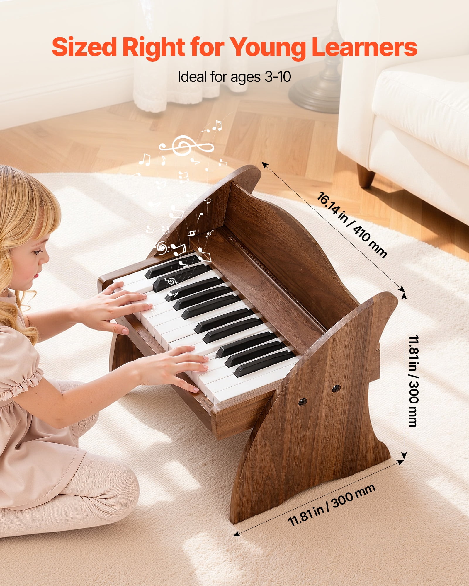 VEVOR Kids Piano Keyboard, 25 Keys Wooden Digital Piano for Kids, Mini Music Educational Instrument Toy with Realistic Sound, Dual Power, Adjustable Volume for Toddlers, Boys Girls Learning, Walnut