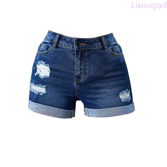 Lixiuxyad Casual Denim Shorts Hole Rolling Elastic High Waist Denim Shorts Girl Hot Pants Casual Shorts Summer Drawstring Elastic Waist Comfy Short With Pockets,Blue XXL