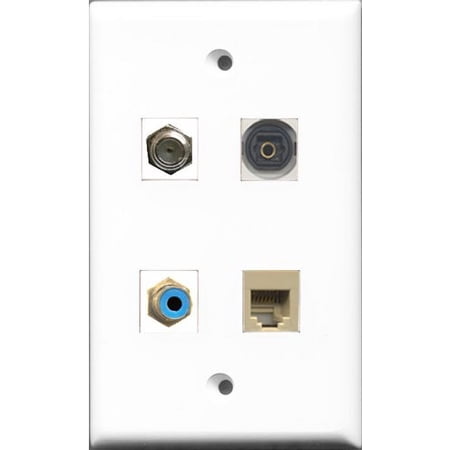RiteAV 1 Port RCA Blue and 1 Port Coax Cable TV- F-Type and 1 Port Phone RJ11 RJ12 Beige and 1 Port Toslink Wall Plate