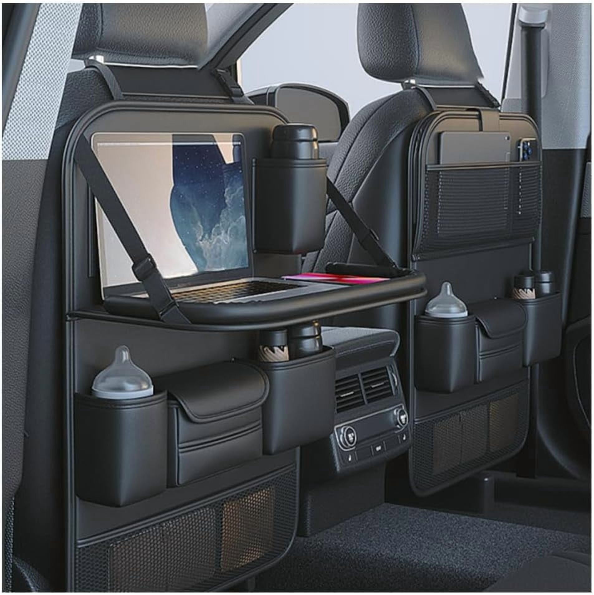 2-Pack Foldable Leather Car Backseat Organizer with Table Tray, Kick Mats & Tablet Holder, Durable Seat Protector & Multi-Pocket Storage for Kids, Pets & Accessories