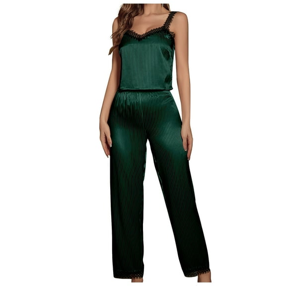BRGZLK Women Satin Pajamas Silk Sleeveless Pjs Set Soft Camisole Tops and Pants with Pockets Green L