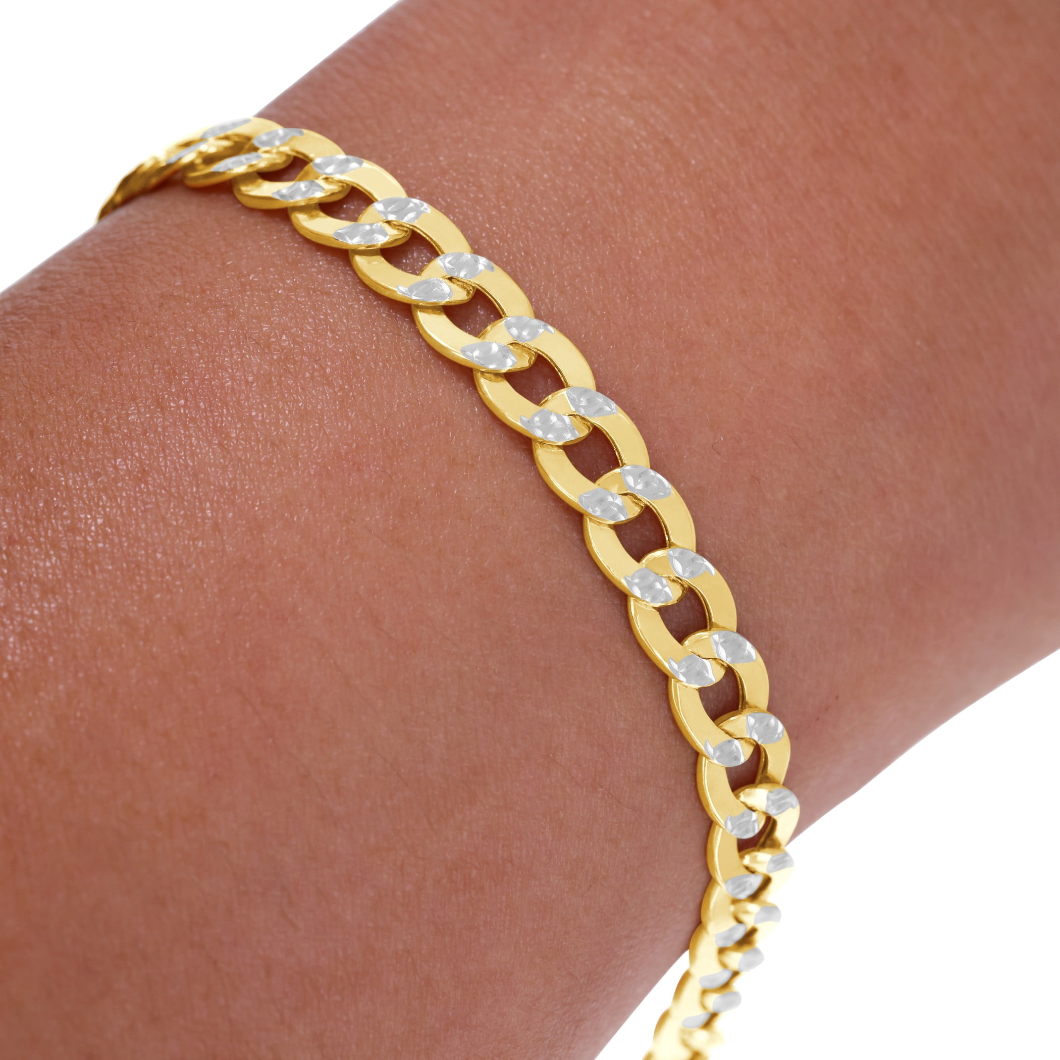 Nuragold 14k Real Yellow Gold Cuban Curb Link 6.5mm Diamond Cut Pave Chain Bracelet (7"-9") Two Tone Italian Jewelry for Men