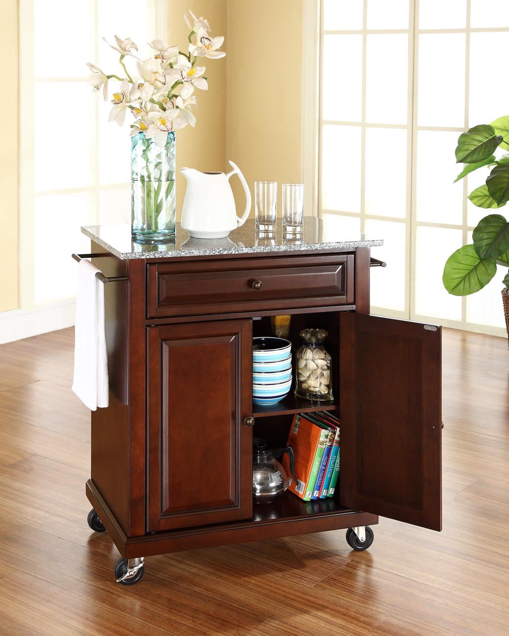 Crosley Furniture Wood Portable Kitchen Cart in Mahogany/Gray