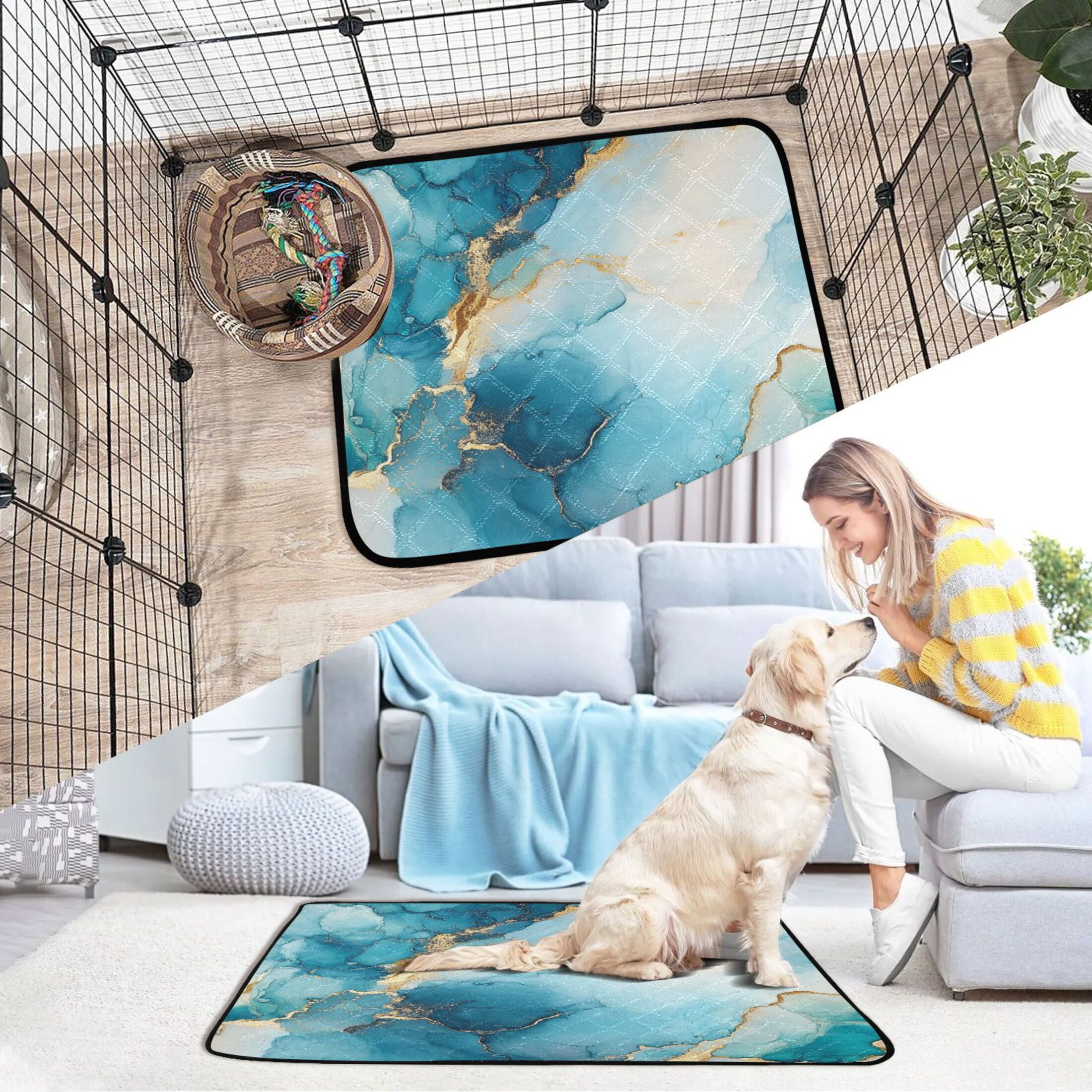 Qxltty Gilt Cyan Marble Cat litter Pads Pet Set of 2 Diaper Mats Center Anti-leakage Layer Absorbent Soft and Comfortable