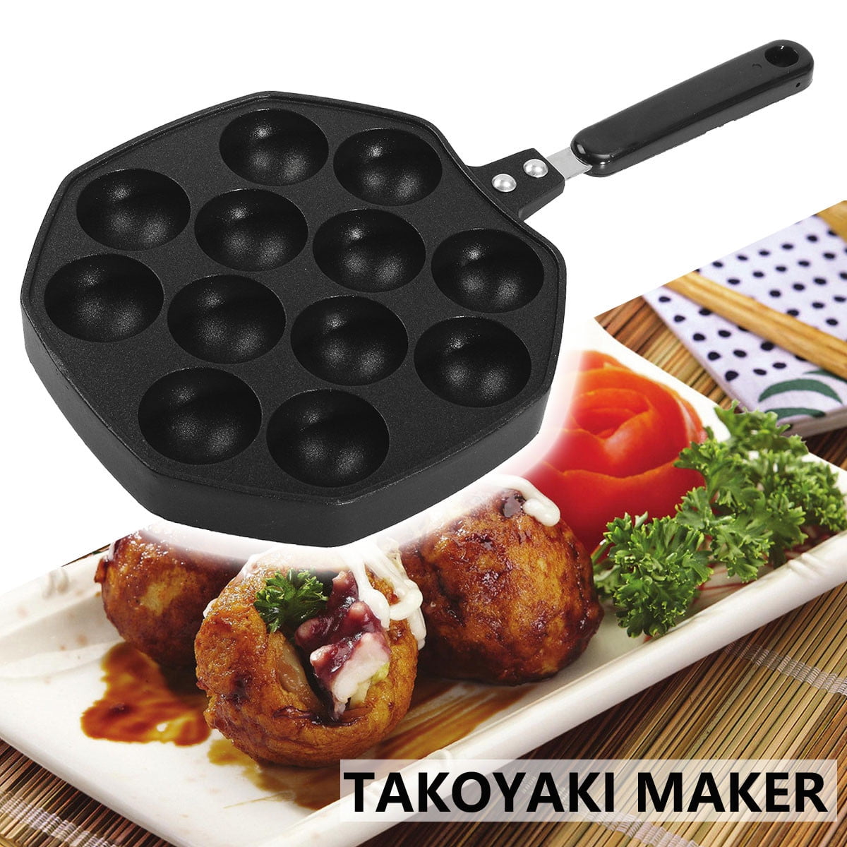 Cabilock 12 Holes Takoyaki Pan Home Kitchen 12 Cavity Baking Mold Octopus Ball Maker Grill Plate 