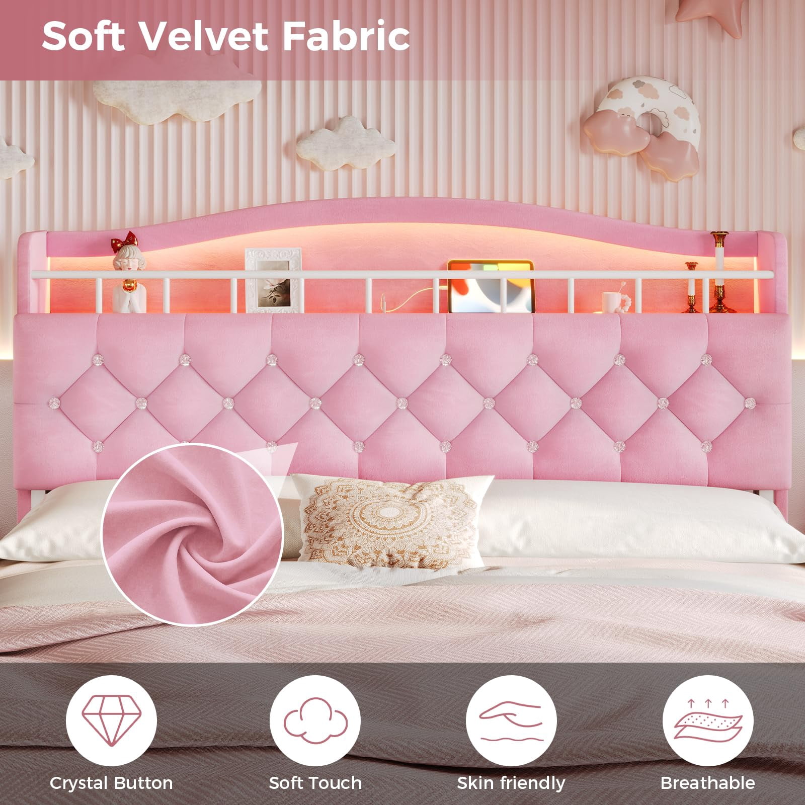 Afuhokles Full Size Bed with LED Lights and Charging Station, Upholstered Bed Frame with Hidden Storage Headborad, Sturdy Platform Bed, Pink