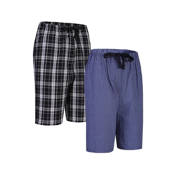 GLOBAL Men's Cotton Yarn Pajamas Shorts - Plaid Pajama Shorts for Men - PJ Bottoms with Pockets, 2-Pack