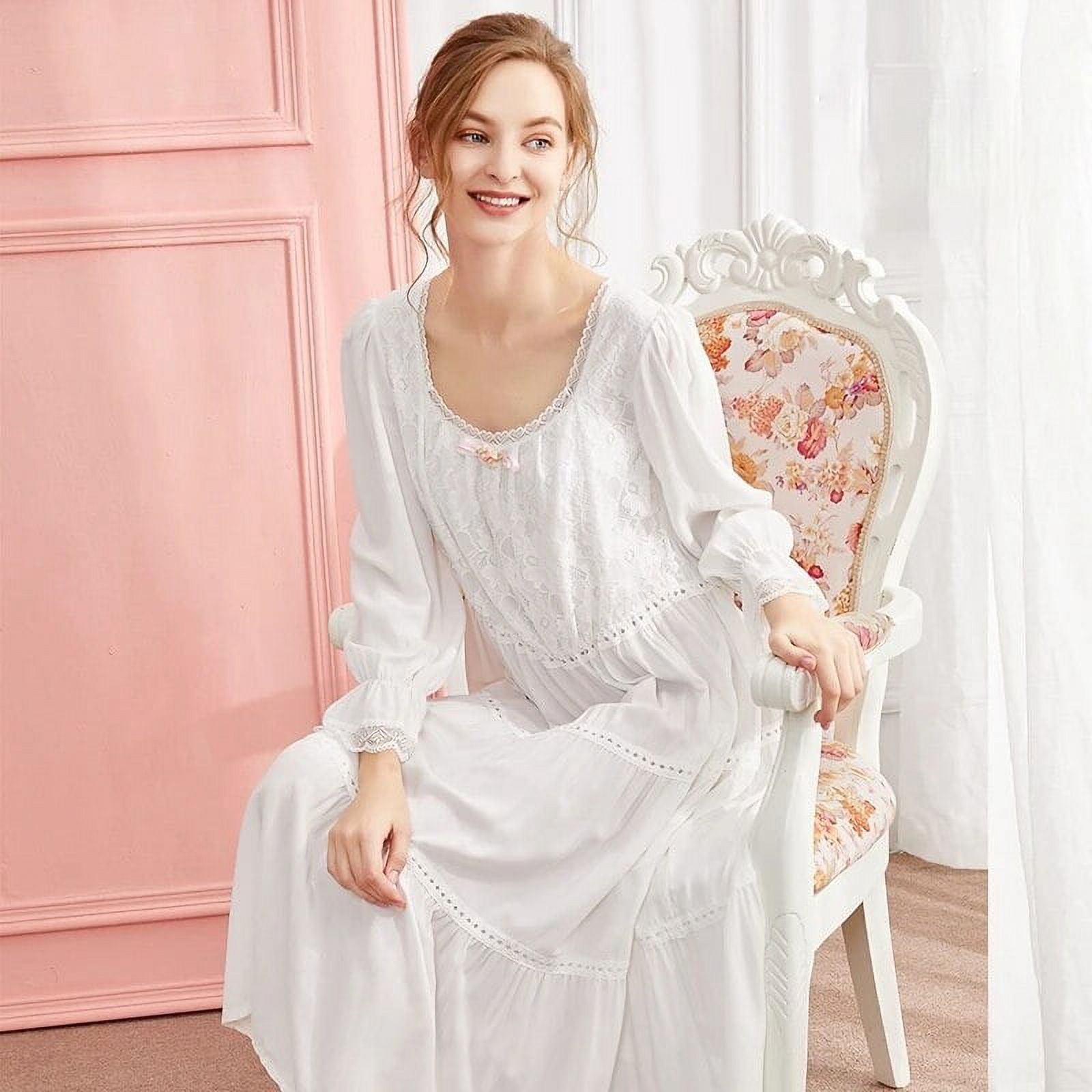 Victorian Cotton Night Dress Princess Sleepwear Women White Pink Long Sleeve Robe Sweet Bowknot Lace Vintage Nightgown Nightwear WHITE S 40kg 50kg Walmart