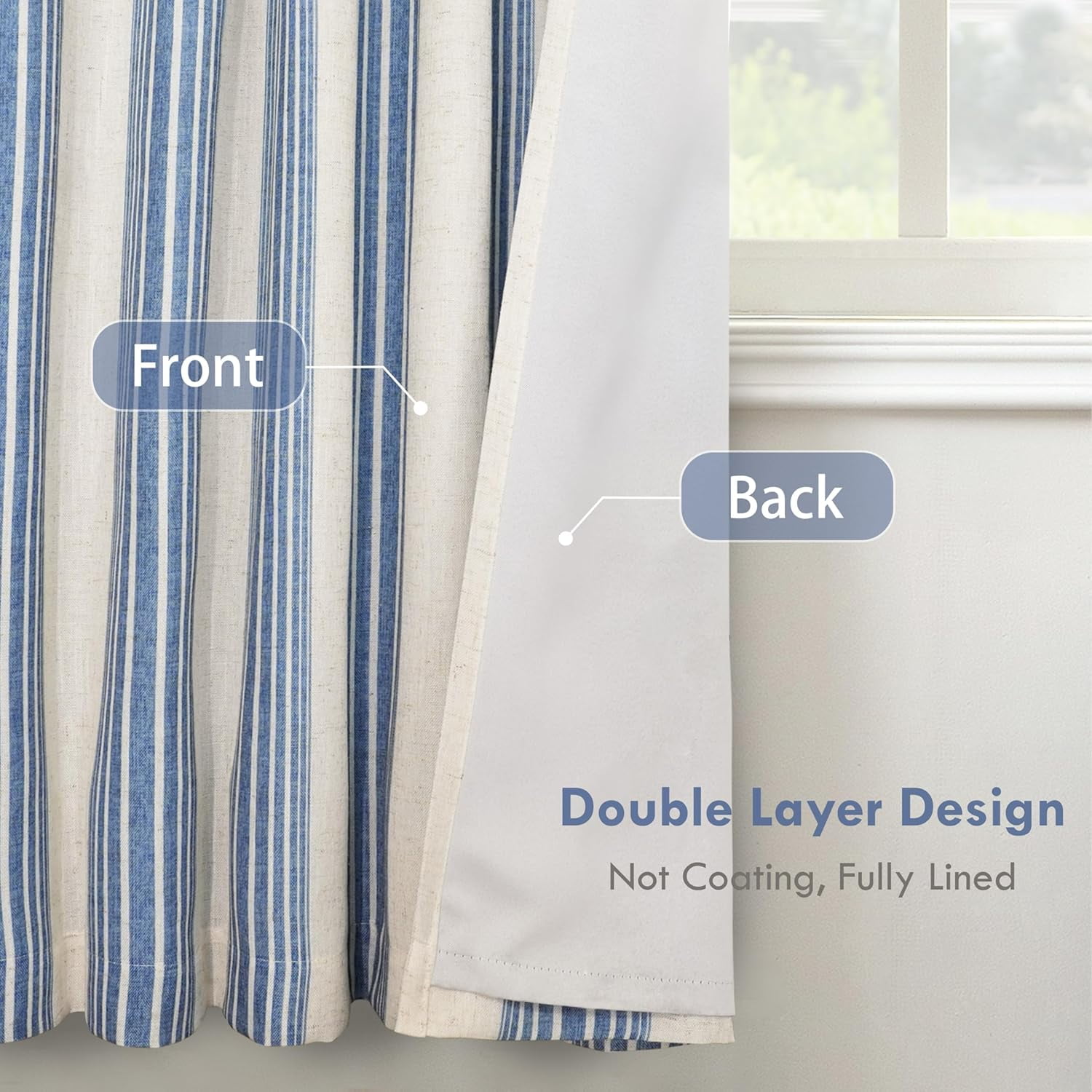 DriftAway Chris Vertical Striped Pattern Linen Blend Lined Thermal Insulated Blackout and Room Darkening Rod Pocket Back Tab Linen Curtains for Farmhouse Printed 2 Panel 52 Inch by 72 Inch Jean Navy