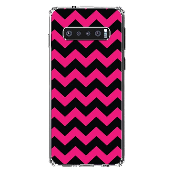DistinctInk Clear Shockproof Hybrid Case for Samsung Galaxy S10 (6.1" Screen) - TPU Bumper, Acrylic Back, Tempered Glass Screen Protector - Black Hot Pink Stripes - Stripes Pattern