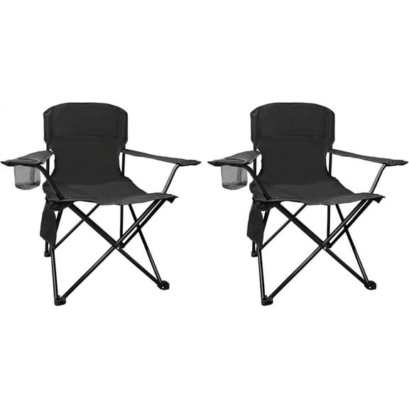 2PCS Folding Camping Collapsible Chairs Heavy Duty Lawn Chair with Cooler Bag, Storage Pocket, Waterproof Bag Outdoor Arm Chair, Supports 225LBS, Black