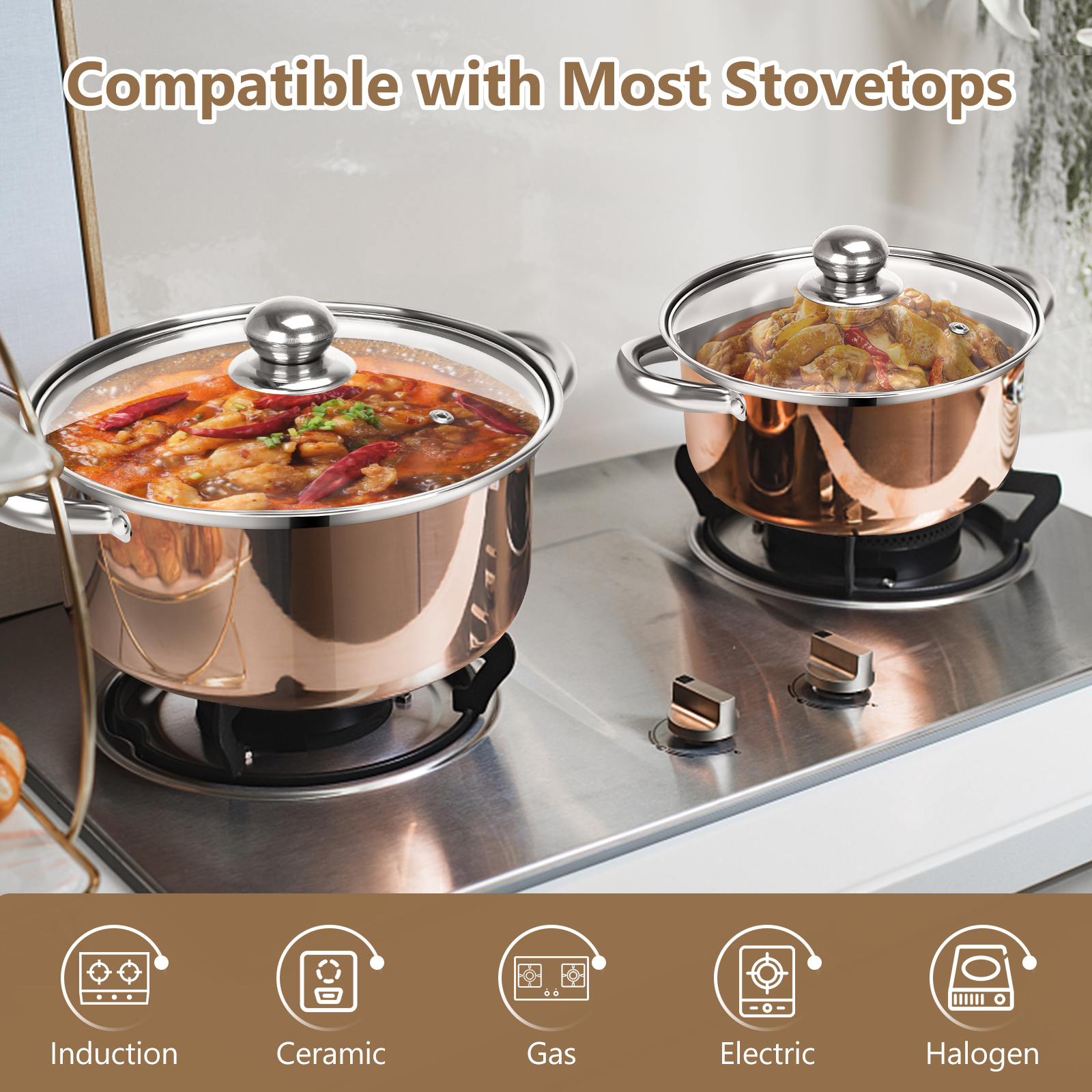 SSAWcasa Cookware Set, Stainless Steel Soup Pots with Glass Lids, Pasta Pot Stock Pot Cooking Pot for All Stoves, Dishwasher Safe - 10 Pieces Set, Silver